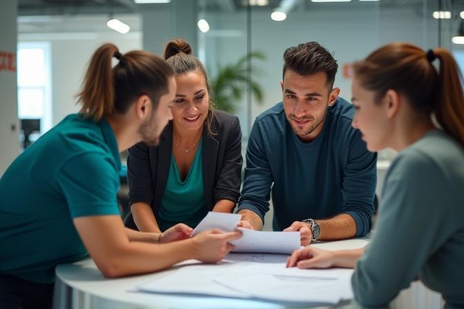 Emirates Active team discussing a fitness plan in their Dubai office