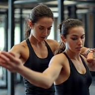 Trainer guiding client during exercise