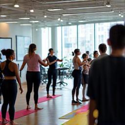 Business professionals participating in a corporate wellness program